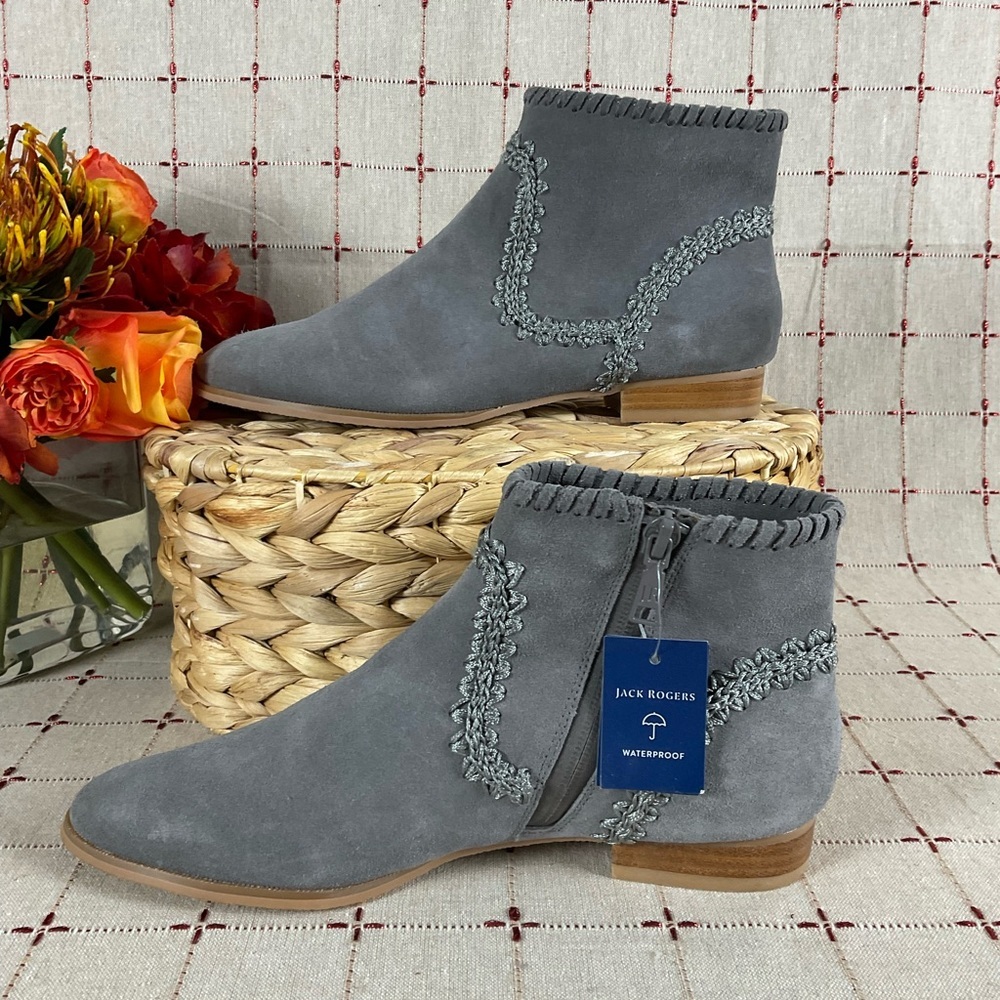 Jack Rogers “Gemma” Grey Suede Ankle Boots Side Zip Designer Stitch Booties 6.5 - Picture 4 of 7